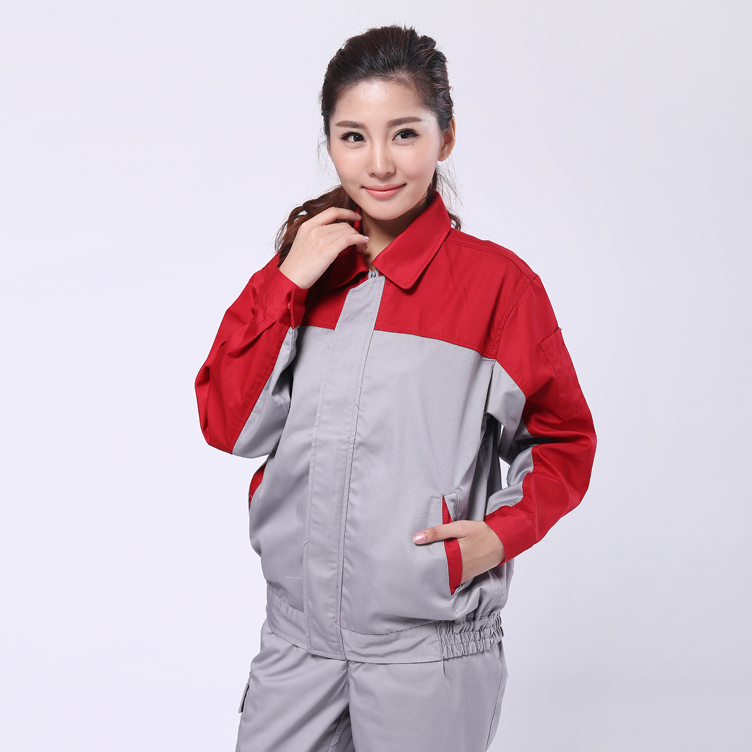 深紅配淺灰電子廠(chǎng)工作服款式圖片