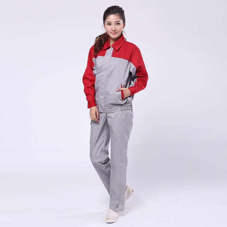 深紅配淺灰電子廠(chǎng)工作服款式圖片
